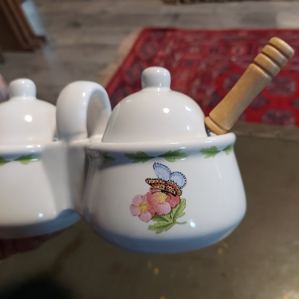 Houston Harvest Hallmark Butterfly Floral Ceramic Double Condiment Server Spoons - Picture 3 of 6